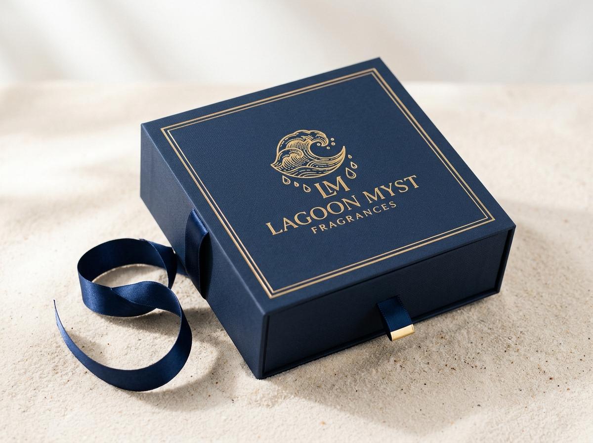 Closed midnight navy presentation box with gold ribbon